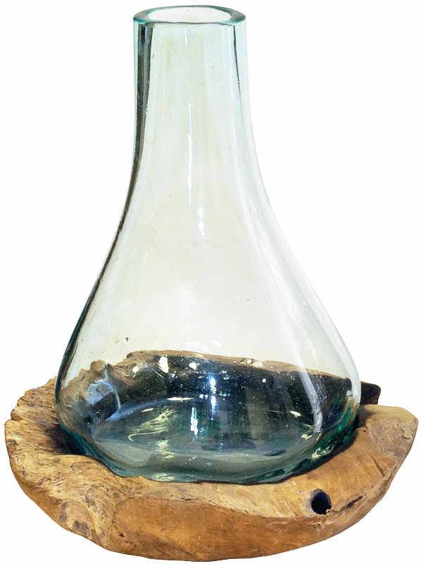 Liqva Teakholz mundgeblasenes Glas auf Teakholzschale